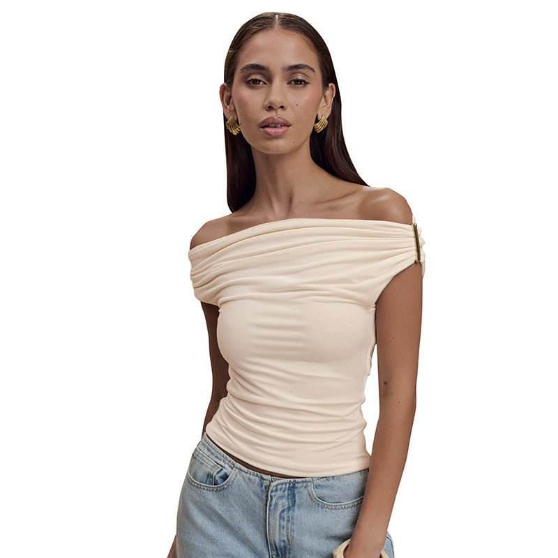 Women's Solid Color Pleated Off-shoulder Slim Off-shoulder Top MuddyStock