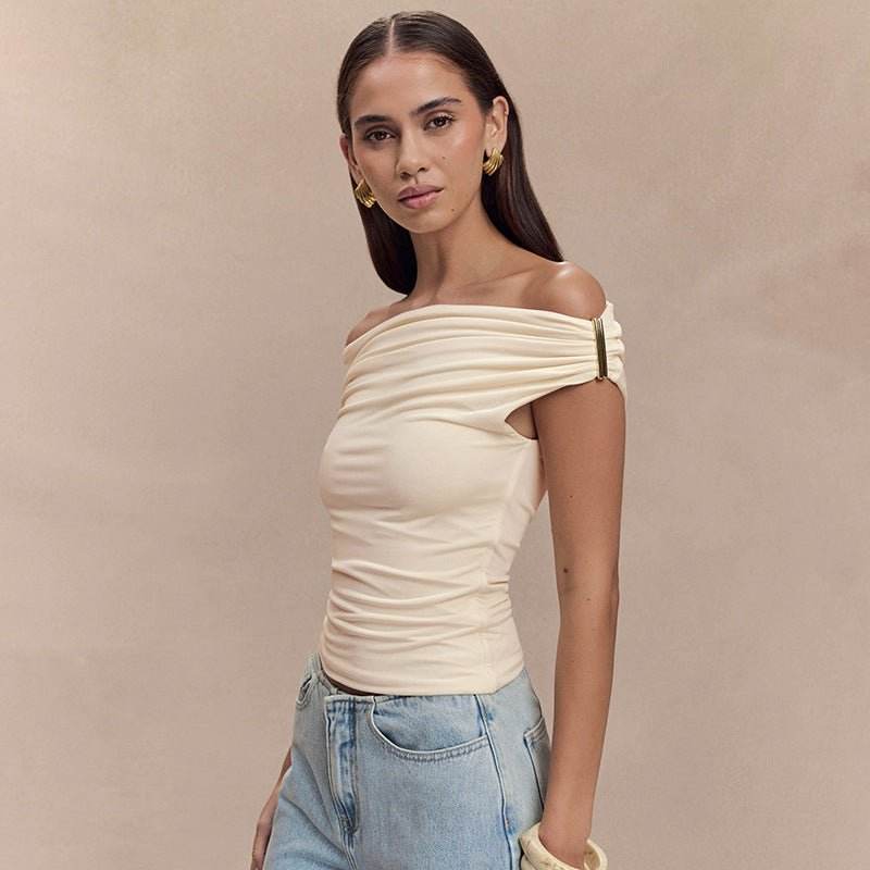 Women's Solid Color Pleated Off-shoulder Slim Off-shoulder Top Light Apricot MuddyStock