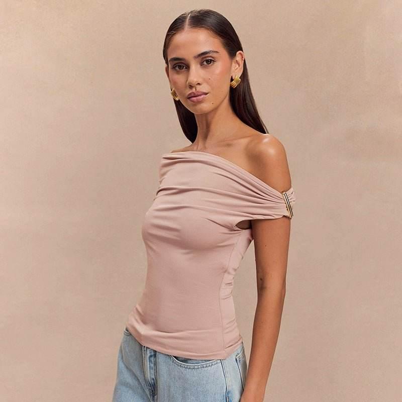 Women's Solid Color Pleated Off-shoulder Slim Off-shoulder Top Lotus Pink