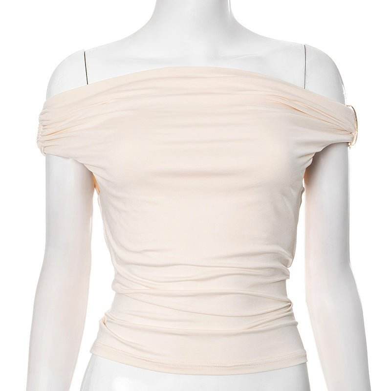 Women's Solid Color Pleated Off-shoulder Slim Off-shoulder Top MuddyStock