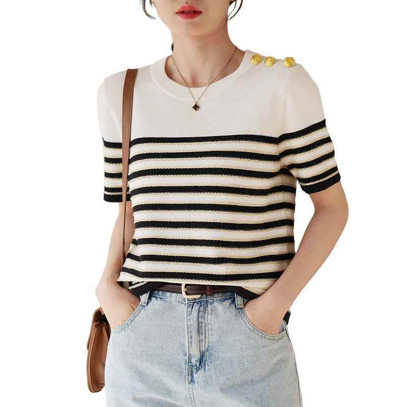 Knitted Short-sleeved Loose Striped T-shirt MuddyStock