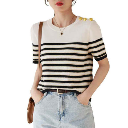 Knitted Short-sleeved Loose Striped T-shirt MuddyStock