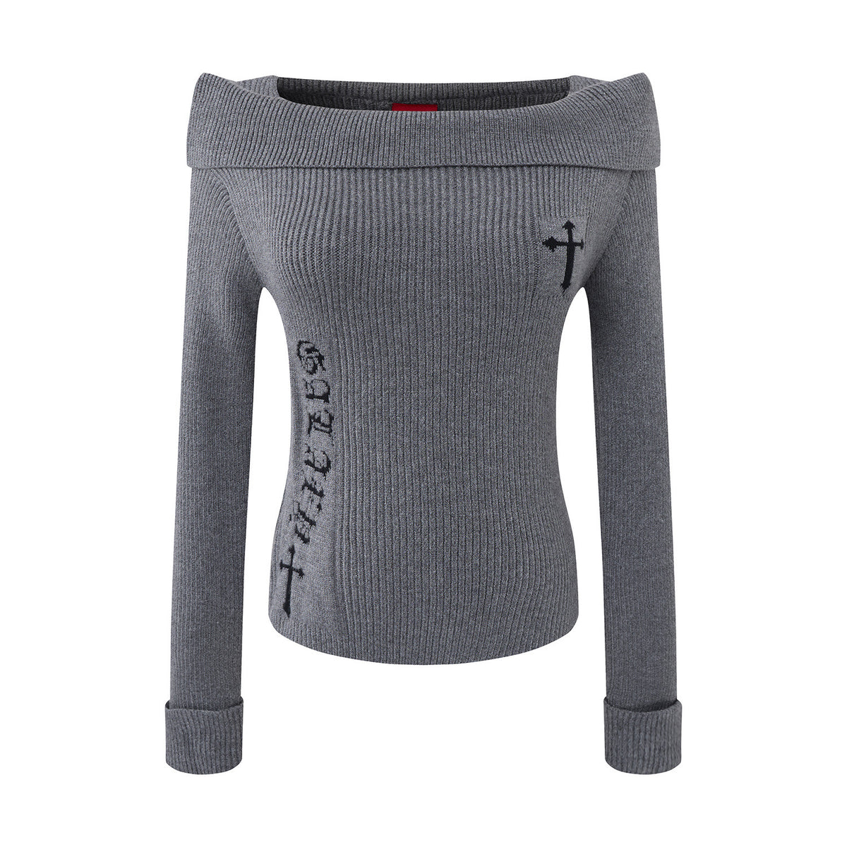Women's Jacquard Long Sleeve Off-Shoulder Slim Fit Knit Top | MuddyStock Originals Gray