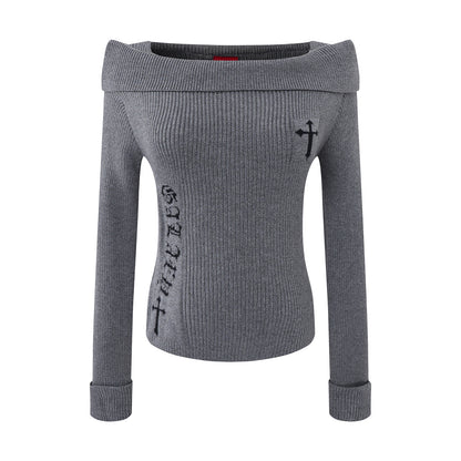 Women's Jacquard Long Sleeve Off-Shoulder Slim Fit Knit Top | MuddyStock Originals Gray