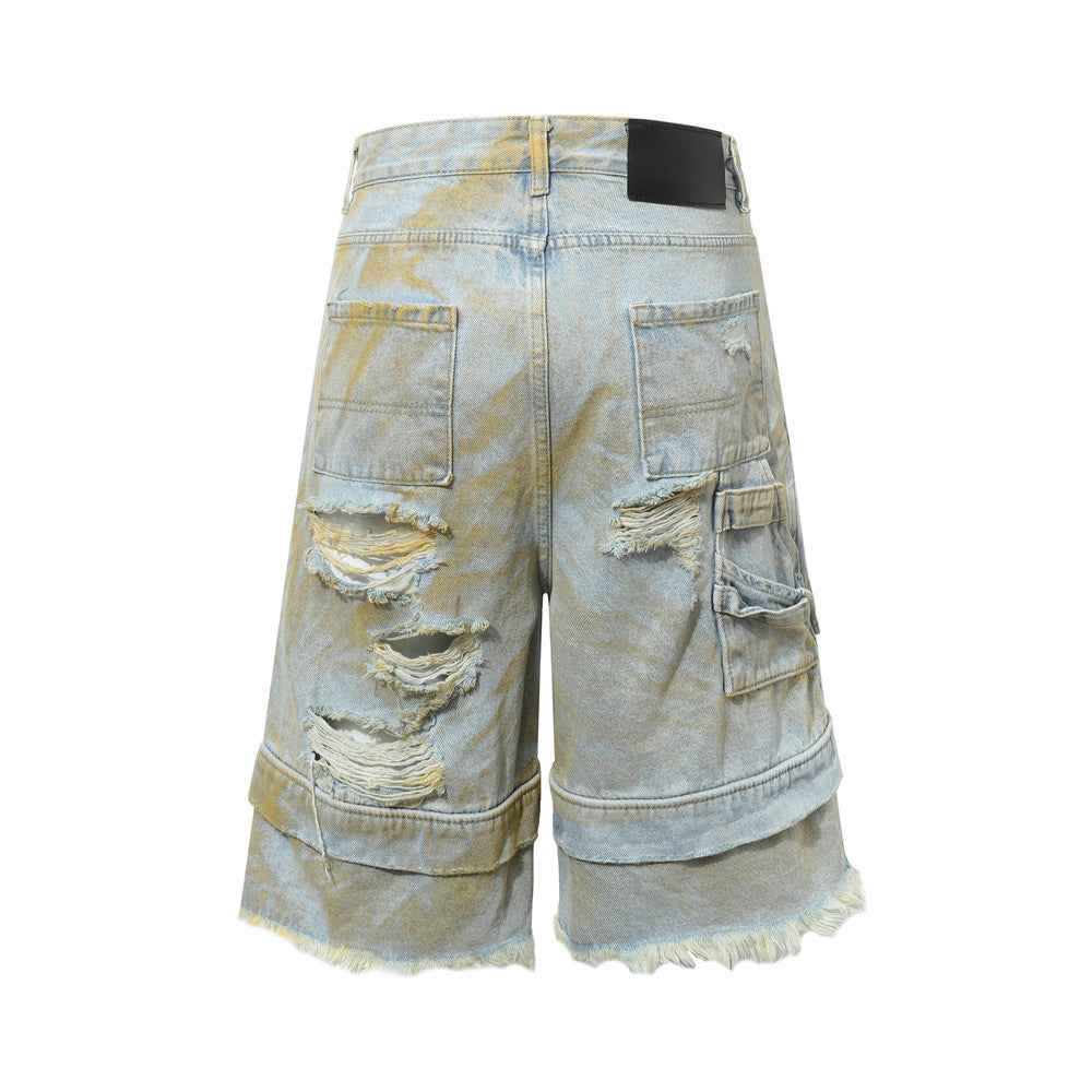 Distressed Frayed Hem Denim Shorts with Fake Two-Piece Design for Men | MuddyStock Originals