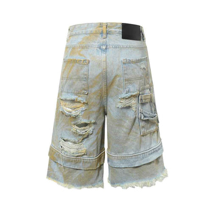 Distressed Frayed Hem Denim Shorts with Fake Two-Piece Design for Men | MuddyStock Originals