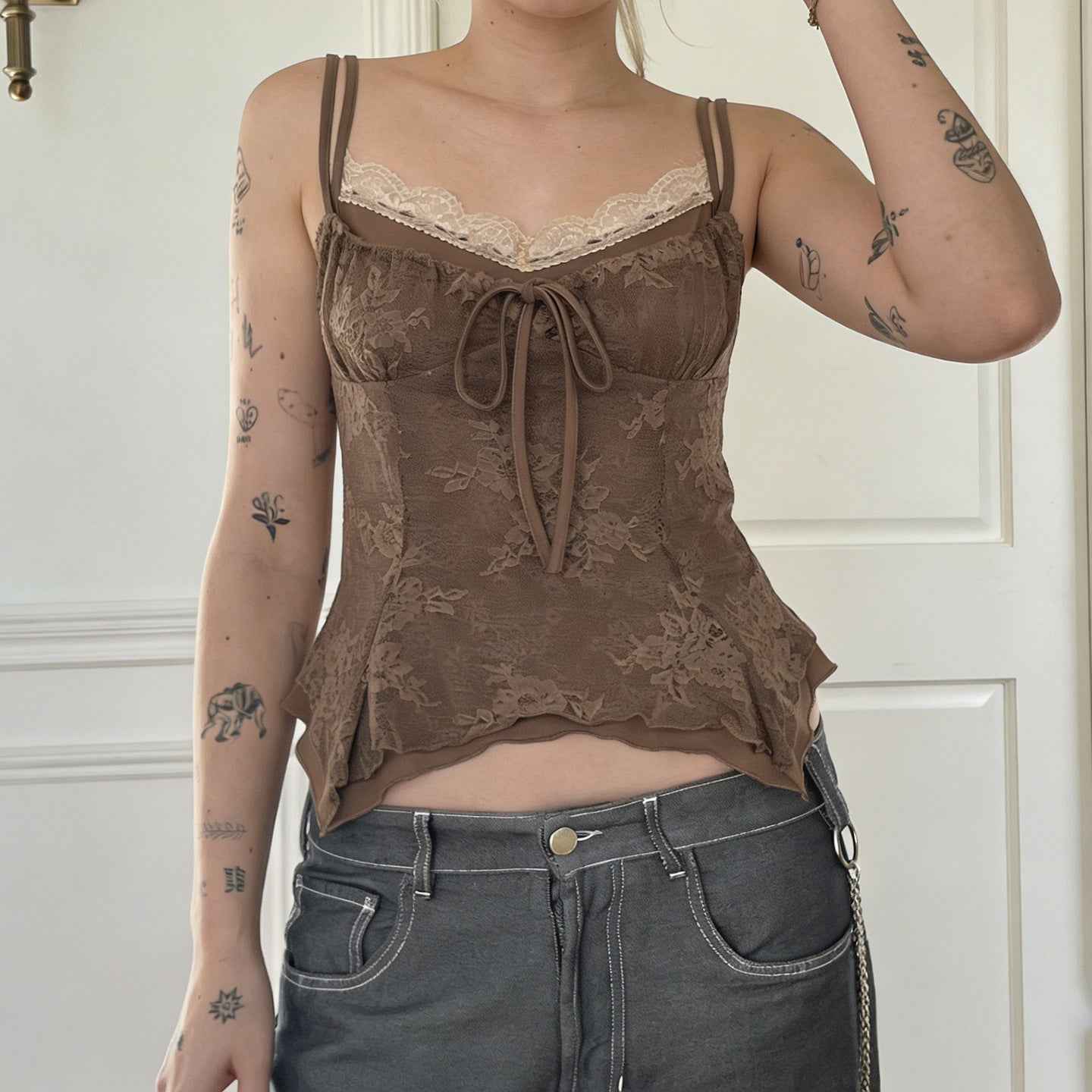 Retro Style Lace Trimmed Patchwork Camisole Top For Women