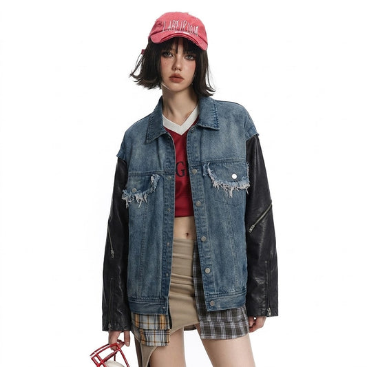 European And American Style Stitching PU Leather Sleeve Denim Jacket For Women MuddyStock null
