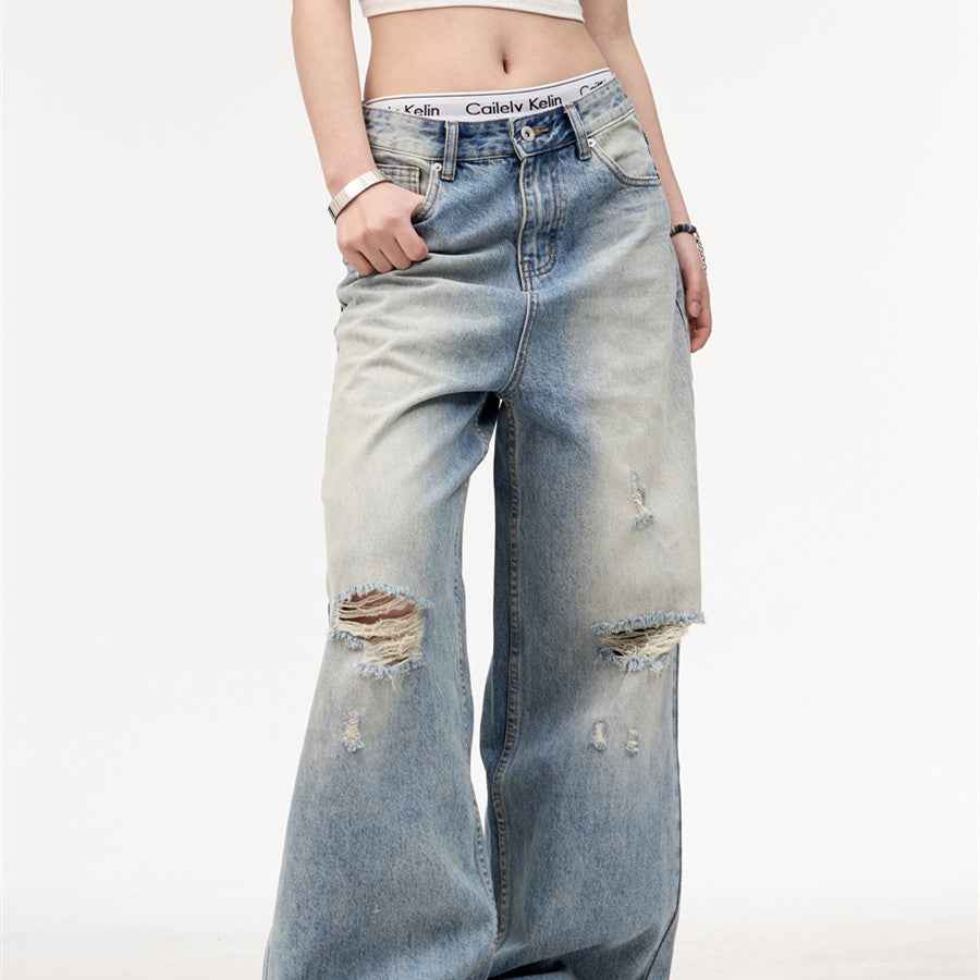 Retro Worn Looking Washed-out Straight Jeans For Men And Women MuddyStock