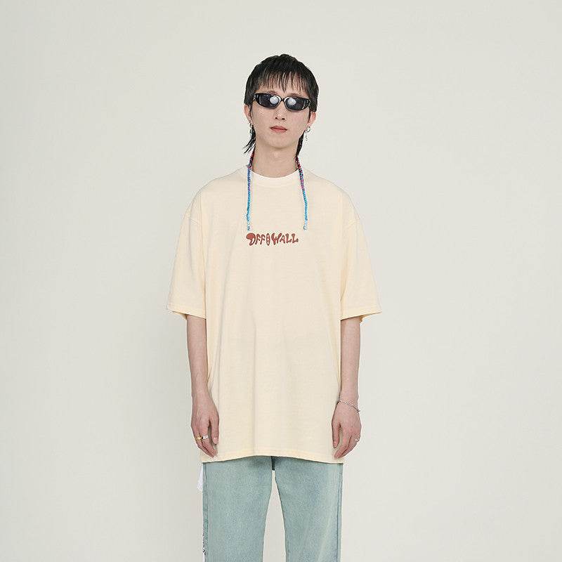 Loose Round Collar Printed Short Sleeve T-shirt For Men And Women Apricot MuddyStock