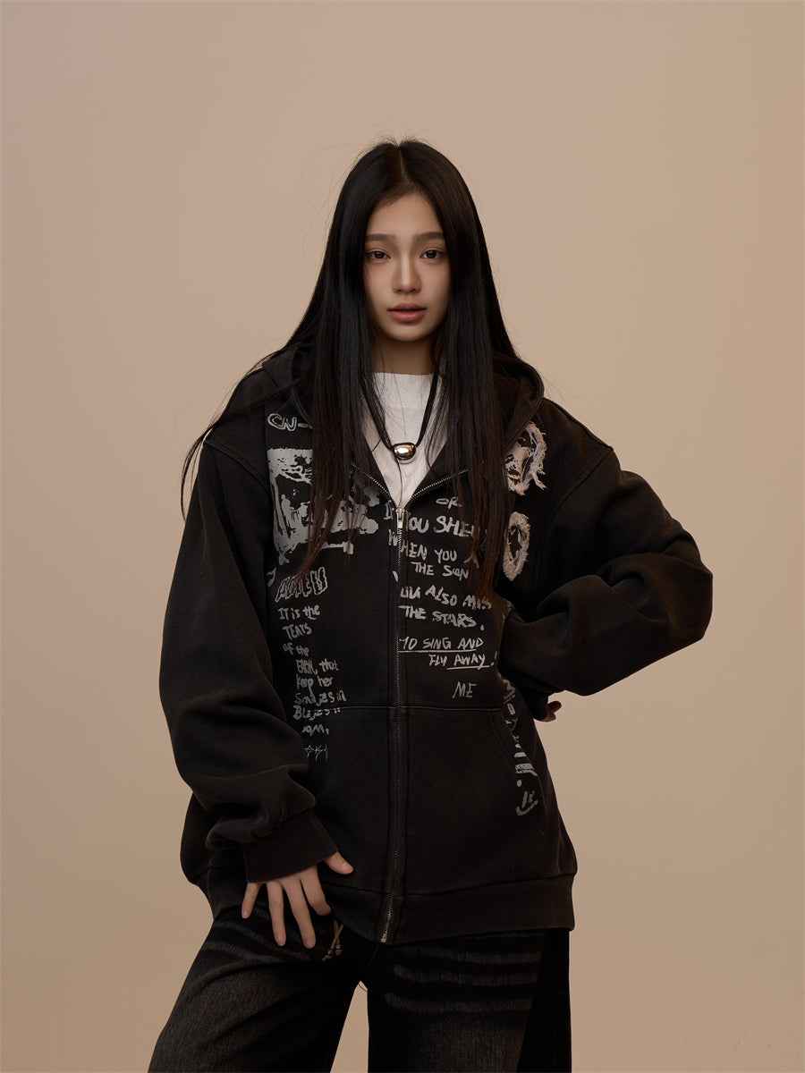 Women's Letter Printed Black Hoodie Black MuddyStock