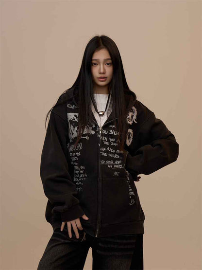 Women's Letter Printed Black Hoodie Black MuddyStock