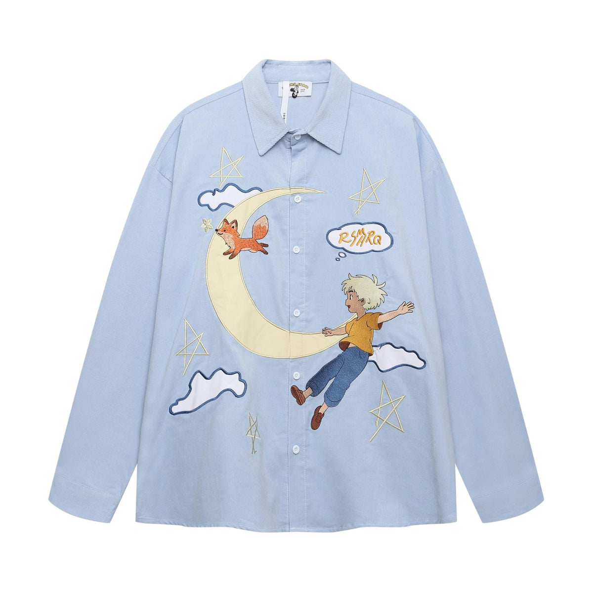 Cartoon embroidered corduroy long sleeved shirt Blue