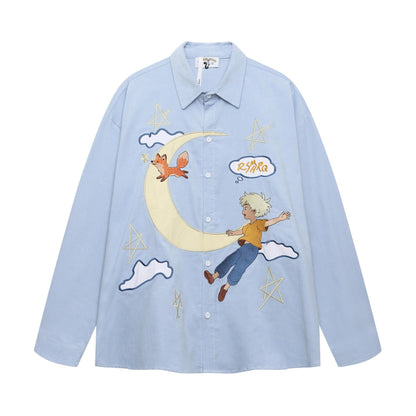 Cartoon embroidered corduroy long sleeved shirt Blue