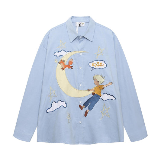 Cartoon embroidered corduroy long sleeved shirt Blue