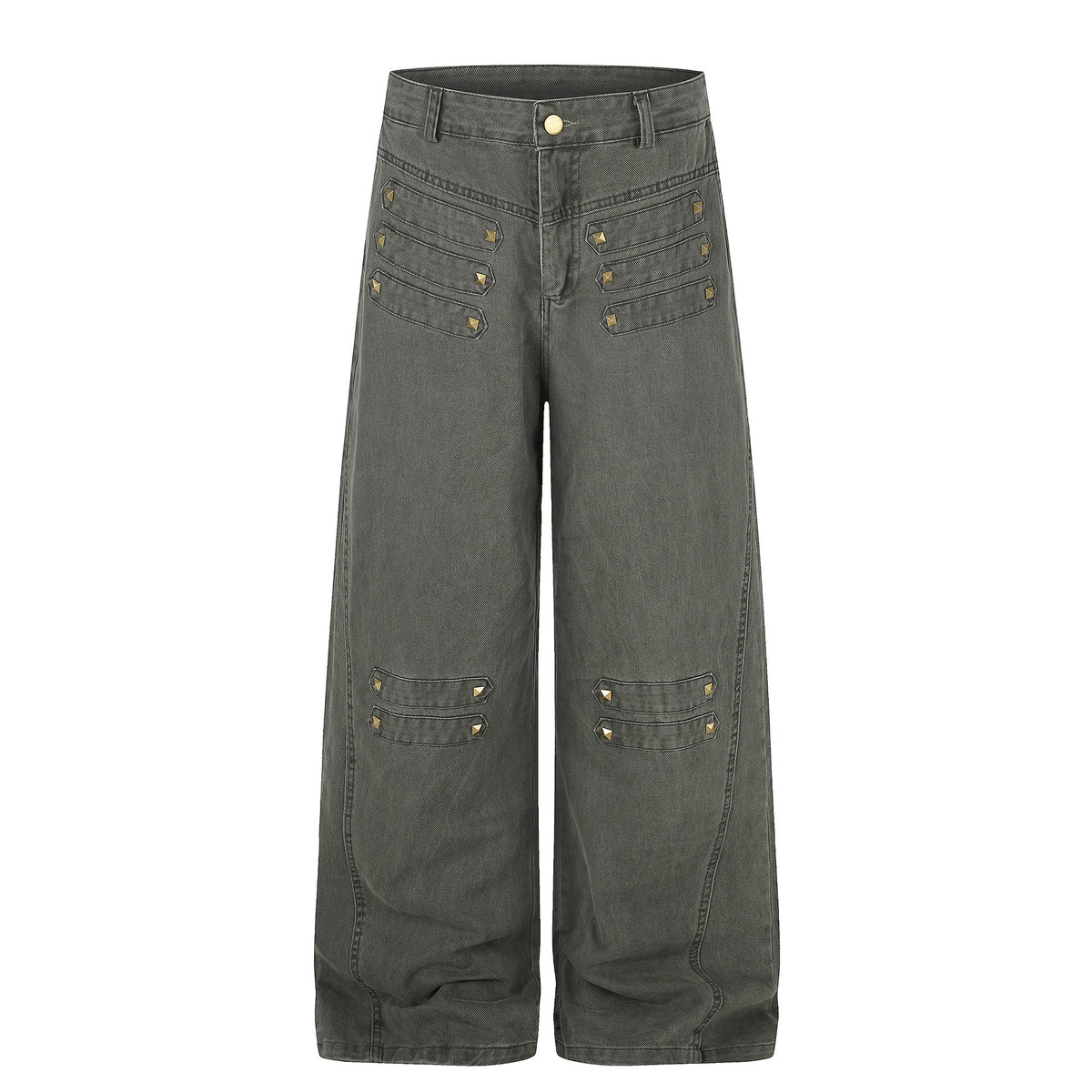 Metal Rivet Wide Leg Distressed Wash Vintage Drape Jeans For Women | MuddyStock Originals Green