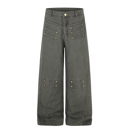 Metal Rivet Wide Leg Distressed Wash Vintage Drape Jeans For Women | MuddyStock Originals Green