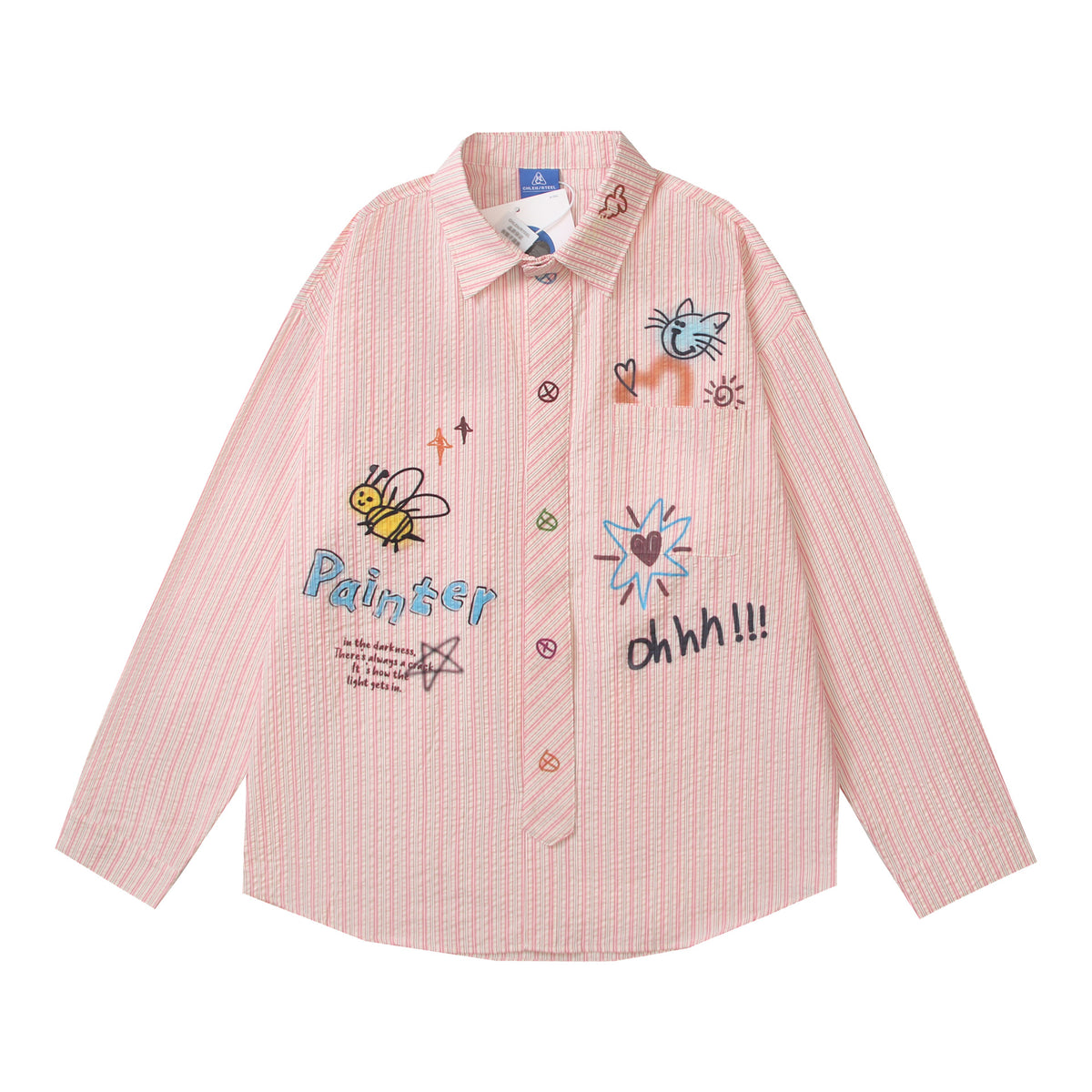 Retro Bee Letter Print Striped Couple Long Sleeve Shirt Loose Fit All-Match Blouse Men Pink