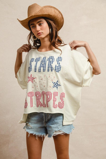 Mix And Match Stars And Stripes Patchwork Short Sleeve T-Shirt For Women