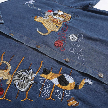 Embroidered Cat Denim Short Sleeve Shirt For Men And Women MuddyStock