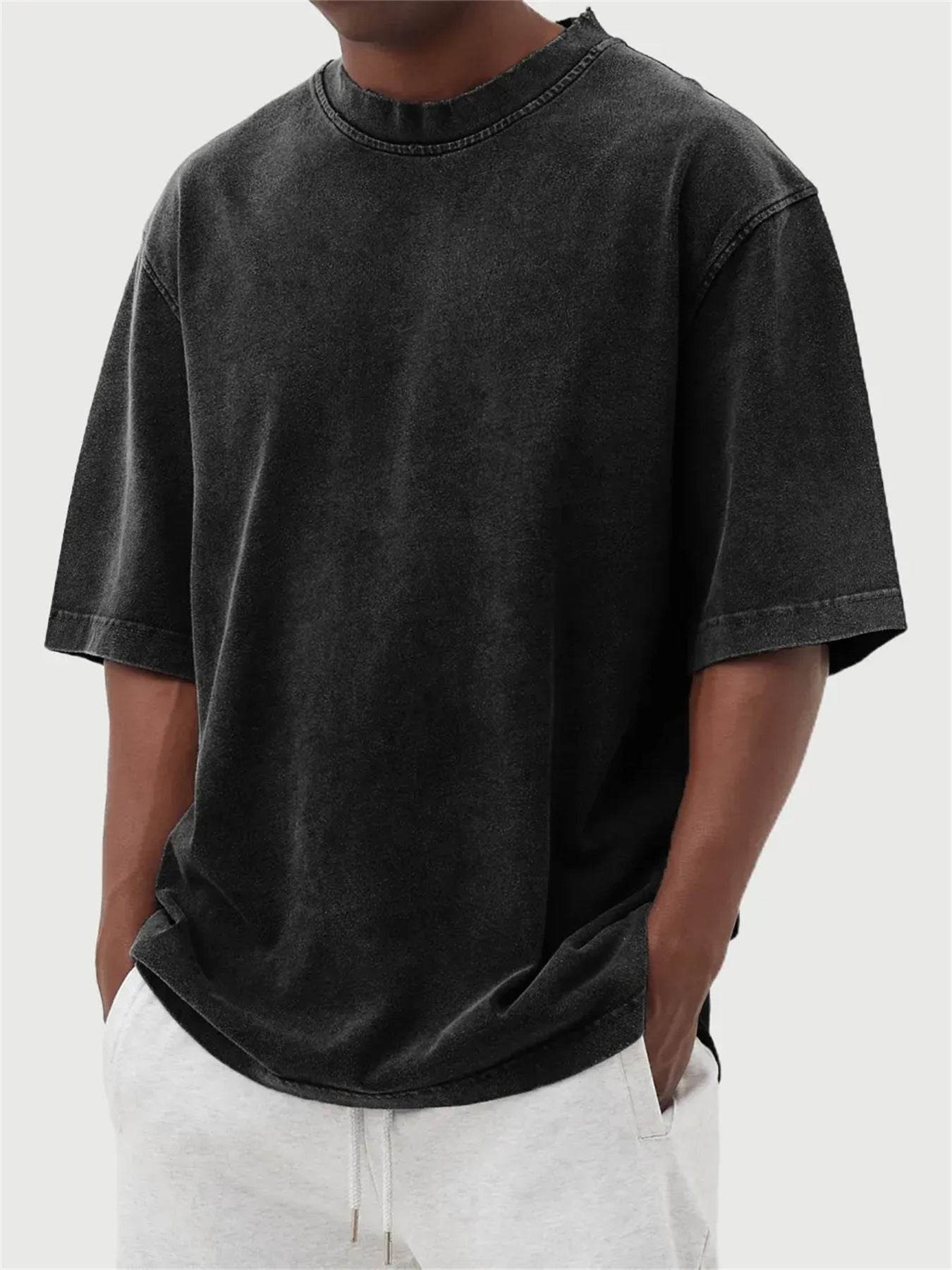 Men's Washed Fried Color Distressed Solid Color Pullover Short T-shirt Black MuddyStock