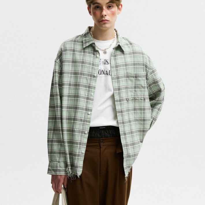 American-style Plaid Shirt With Raw Edges For Men null
