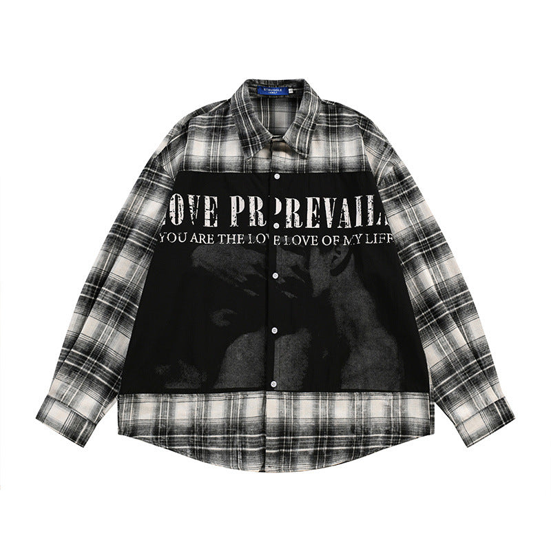 Retro Color-Block Plaid Patchwork Long Sleeve Shirt Black