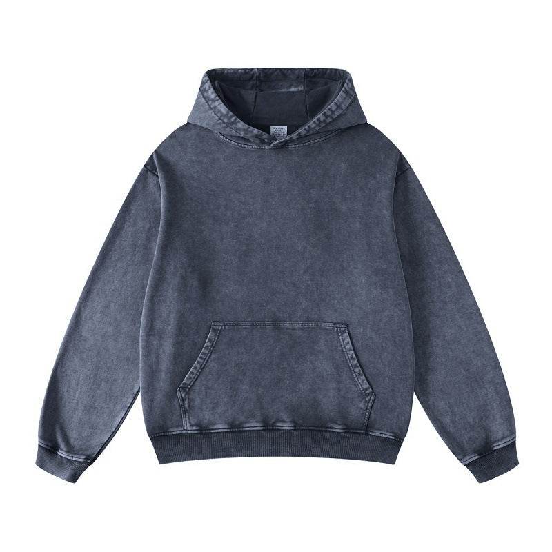 Thickened Washed Old Gradient Solid Color Batik Hooded Sweater For Men And Women Sapphire Blue MuddyStock