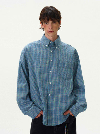American Style Vintage Plaid Pleated Shirt For Men null