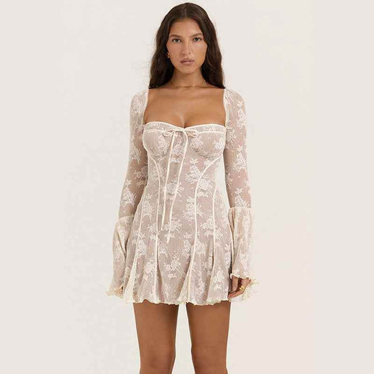 Lace Square Collar Dress Bell-bottom Long Sleeve Women Top MuddyStock