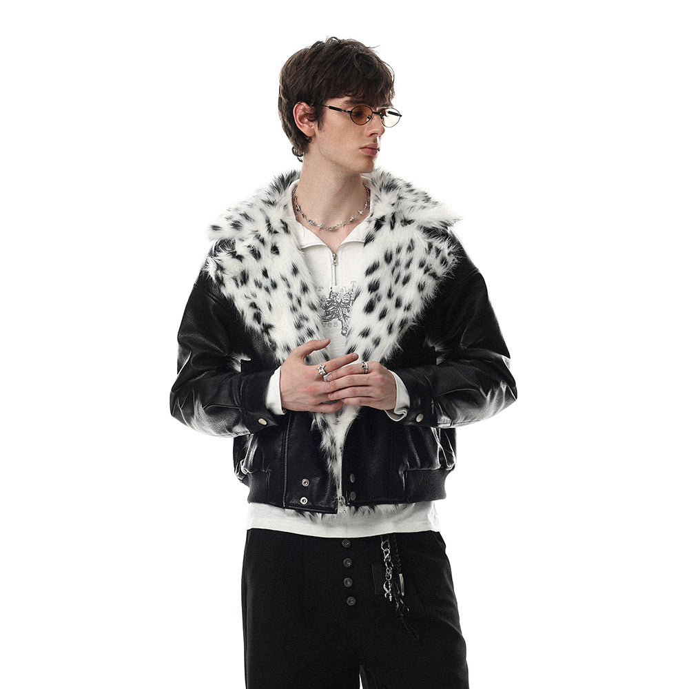 Men's Biker PU Leather Jacket with Diagonal Zipper and Fur Lapel Collar