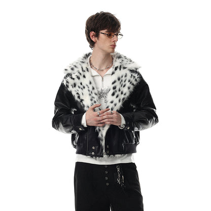 Men's Biker PU Leather Jacket with Diagonal Zipper and Fur Lapel Collar
