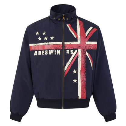 Men's Distressed Flag Letter Star Print Zip-Up Stand Collar Jacket | MuddyStock Originals Navy Blue