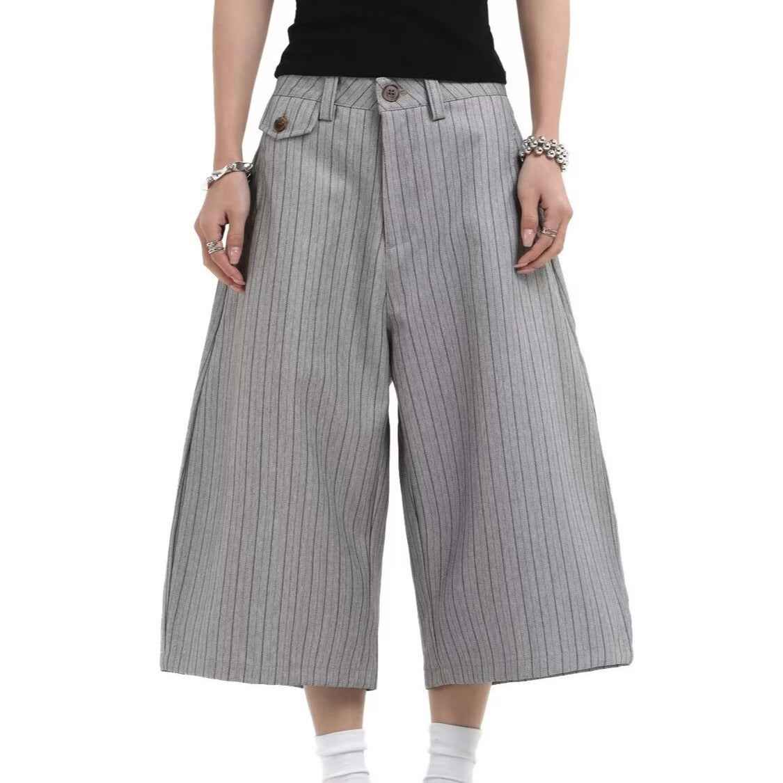 Gray Suit Shorts for Men, Retro Loose Casual Striped Seven-Quarter Pants