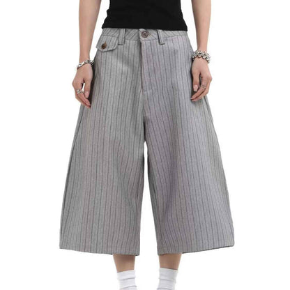 Gray Suit Shorts for Men, Retro Loose Casual Striped Seven-Quarter Pants