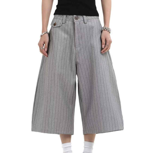 Gray Suit Shorts for Men, Retro Loose Casual Striped Seven-Quarter Pants