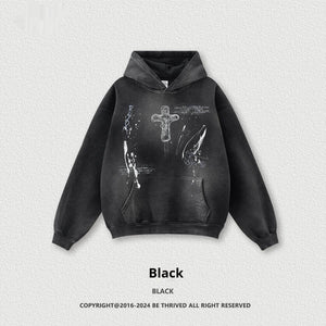 Men's Loose Street Hand-painted Couple Wear Hooded Sweater Black