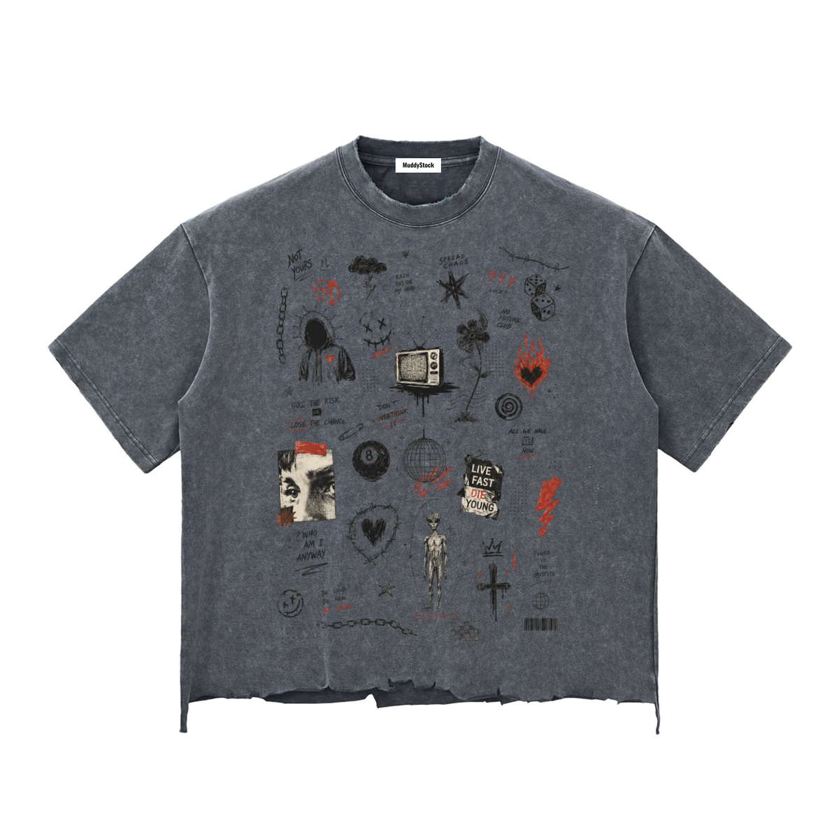 Snow Wash Raw-Hem Boxy T-shirt For Men Washed Cement Gray