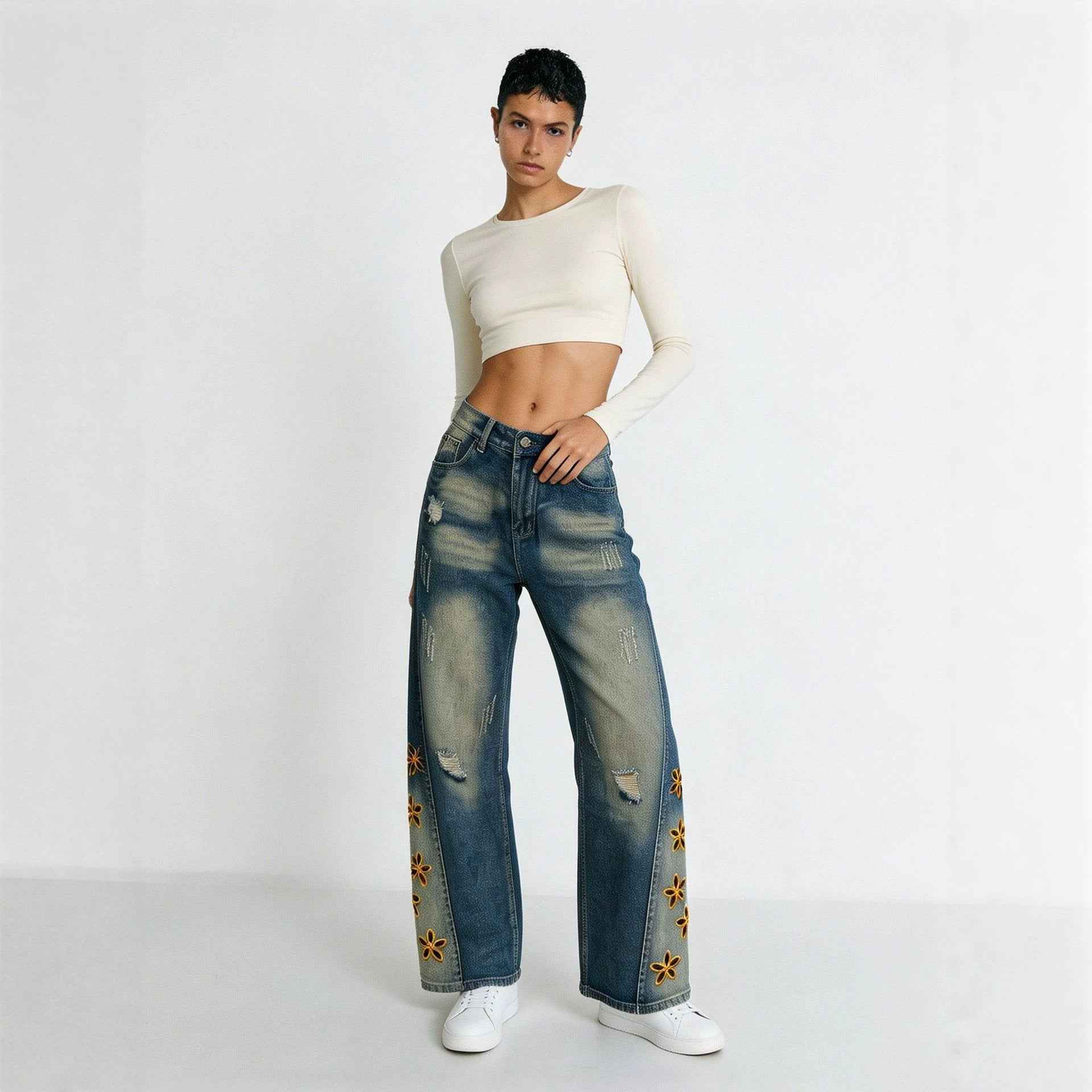 Retro Distressed Womens Denim Jeans