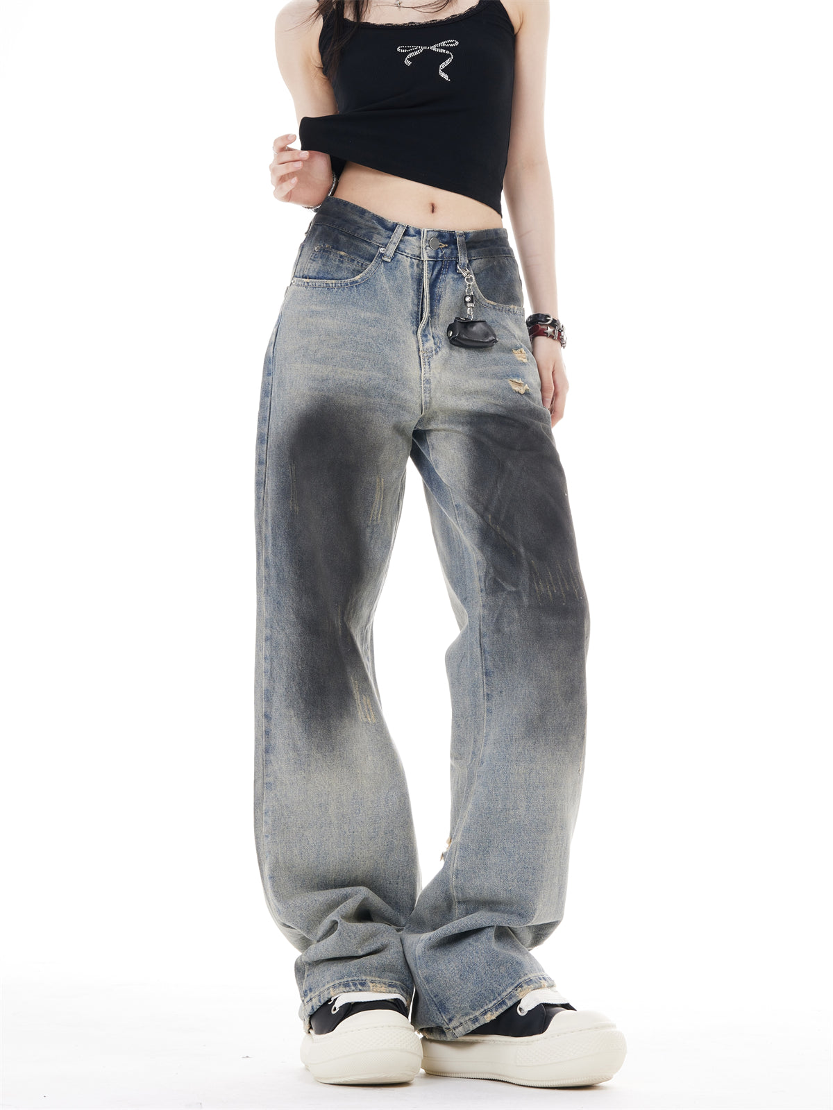 Retro High Waist Wide Leg Ripped Jeans For Women