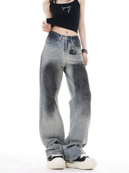 Retro High Waist Wide Leg Ripped Jeans For Women