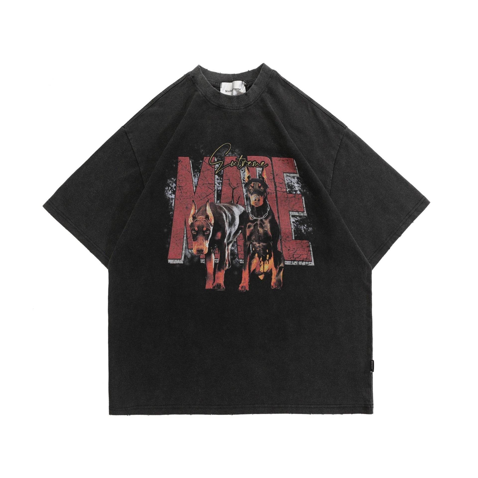 Street Letters Doberman Pinscher Washed And Worn Short Sleeve T-shirt Black MuddyStock