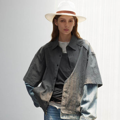 Splicing fake two denim shirts with retro loose fit for women | MuddyStock Originals MuddyStock