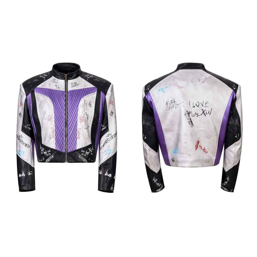 Short Stand-up Collar Graffiti Leather Jacket For Men null