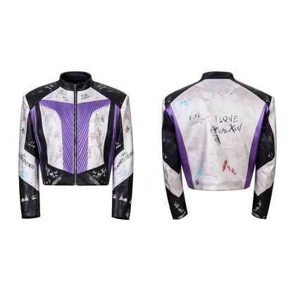 Short Stand-up Collar Graffiti Leather Jacket For Men null