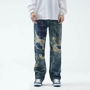Fake Ripped Jeans Men's Fashion Straight Trousers Blue