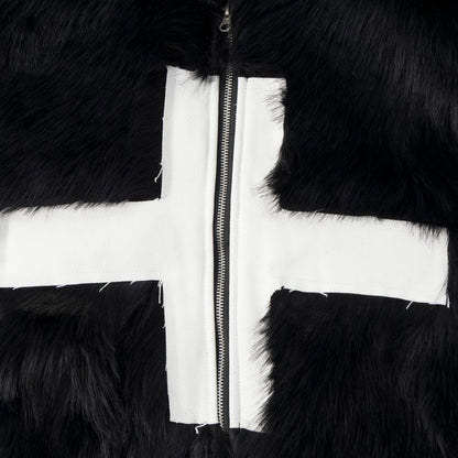 Men's Trendy Cross Patch Embroidery Faux Fur Hooded Cotton Padded Jacket