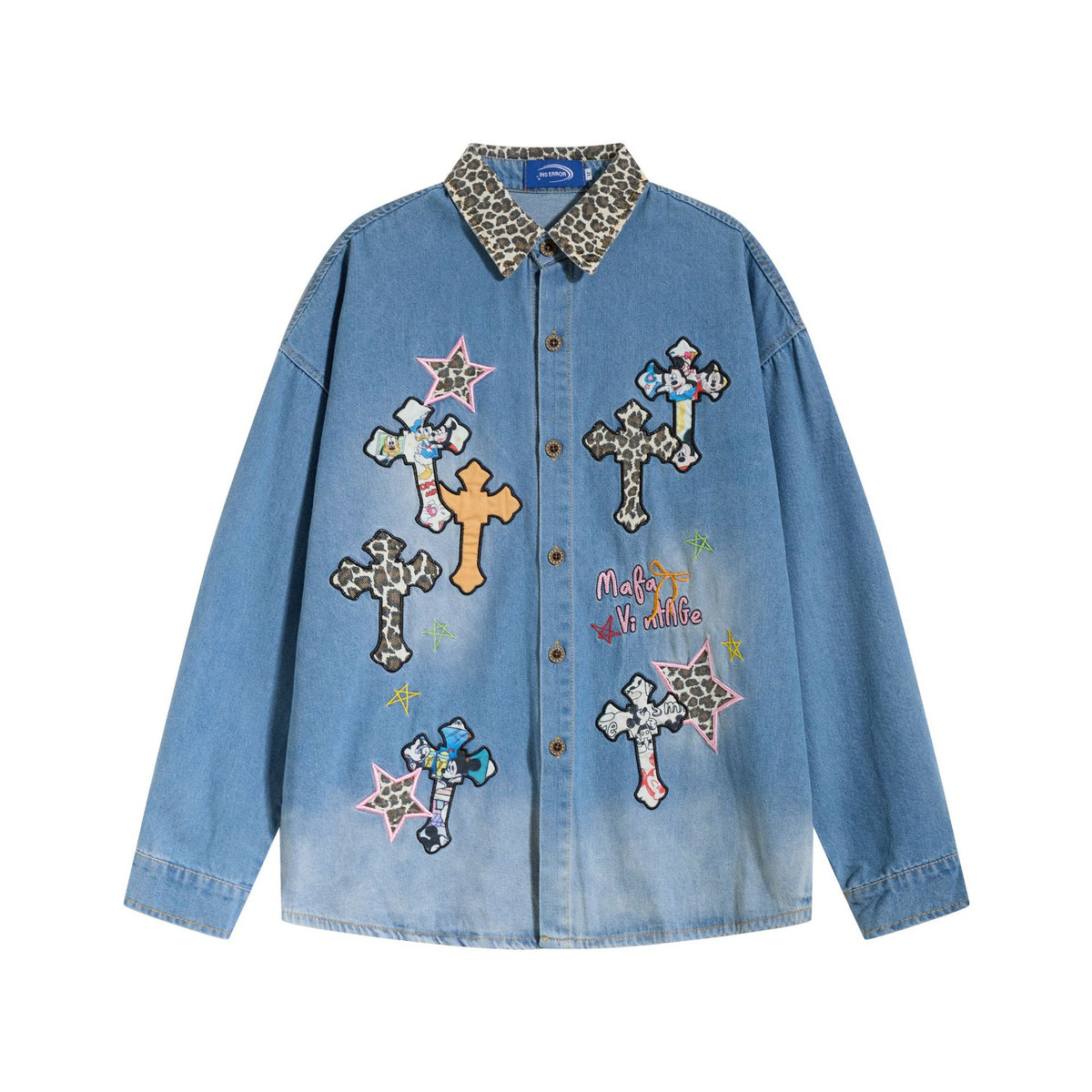 Long Sleeve Leopard Print Collar Star Patch Embroidery Distressed Denim Shirt Blue