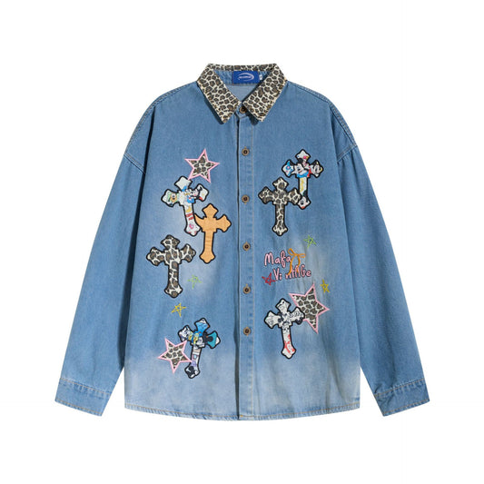 Long Sleeve Leopard Print Collar Star Patch Embroidery Distressed Denim Shirt Blue