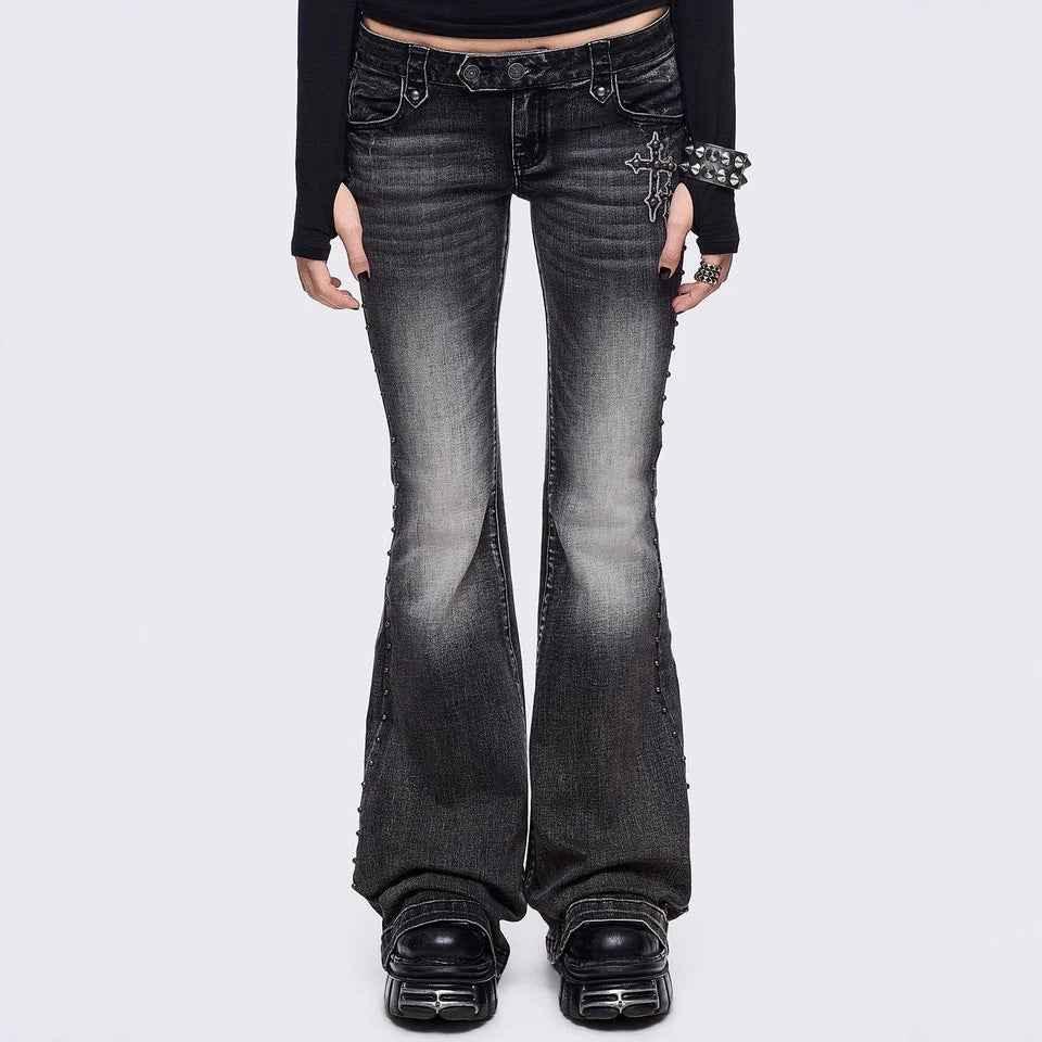 Womens Retro Wing-Pattern Slim-Fit Jeans MuddyStock